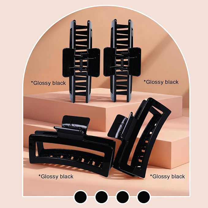 5 Inch XL Jumbo Claw Clips for Thick and Long Hair, 4-Pack Oversized Glossy Rectangle Hair Clips for Women, Strong Hold Non-Slip Jaw Clips, Black
