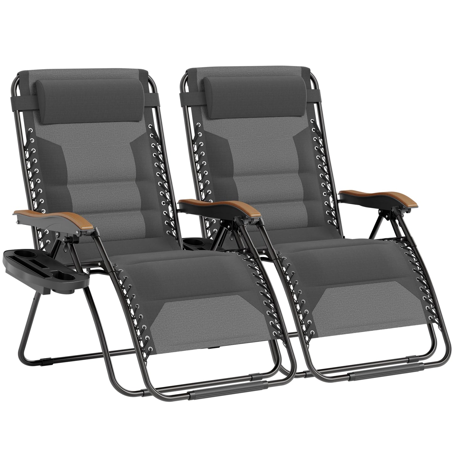 PHI VILLA XXL Oversized Padded Zero Gravity Chair Set of 2, Foldable Patio Recliner, 30" Wide Seat Anti Gravity Lounger with Armrest and Cup Holder, Support 400 LBS (Light Gray)