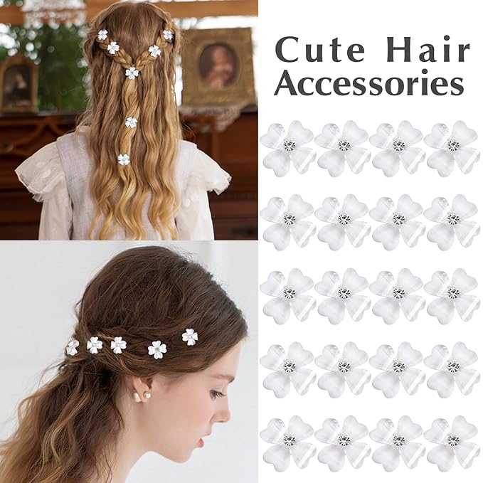 YISSION 20Pcs Mini White Flower Hair Clips with Rhinestone Cute Hair Pins Decorative Hair Clips Wedding Hair Barrettes Bridal Hair Accessories for Girls Women