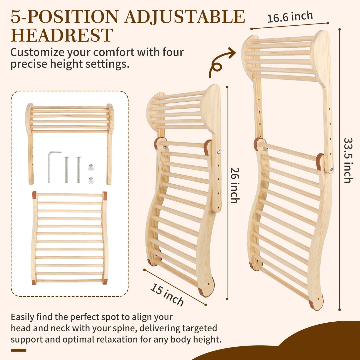 Sauna Backrest Infrared Sauna Backrest Accessories with Adjustable Pillow Wooden Slip-Resistant Non-Toxic Comfortable S-Shape Design Sauna Chair for Any Barrel or Infrared Sauna