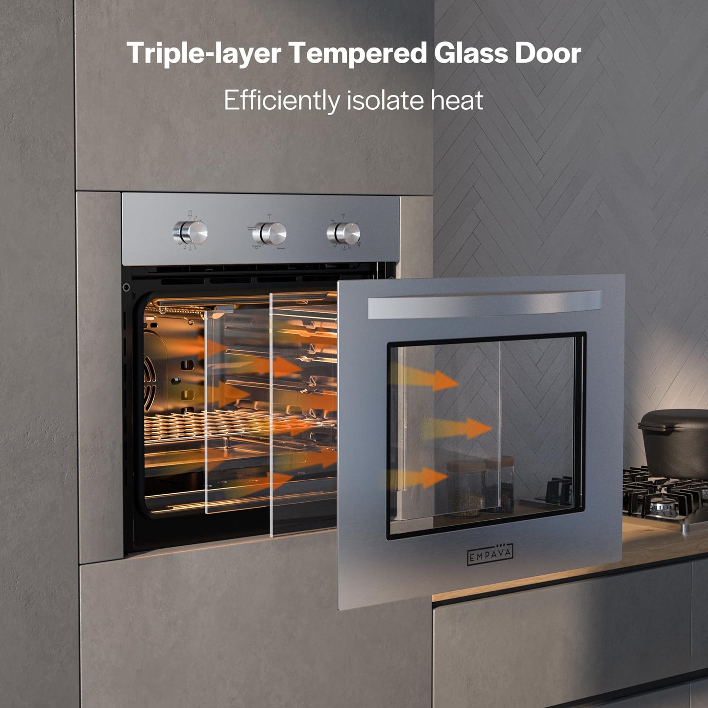 Empava 24 Inch Natural Gas Single Wall Oven in Stainless Steel, 5 Cooking Modes, Convection and Rotisserie Function, 2.3 Cu.ft, 13600 Btu/h