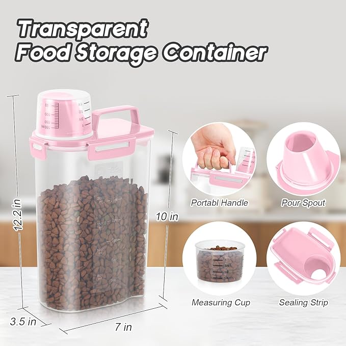 5Lbs Airtight Cat Dog Food Storage Container with Upgraded Large Nozzle BPA-Free, Pet Food Storage Containers for Rice, Grain, Pet Food, Flour, Dog Treat Storage (Light Pink, (3L+5L)-2pack)