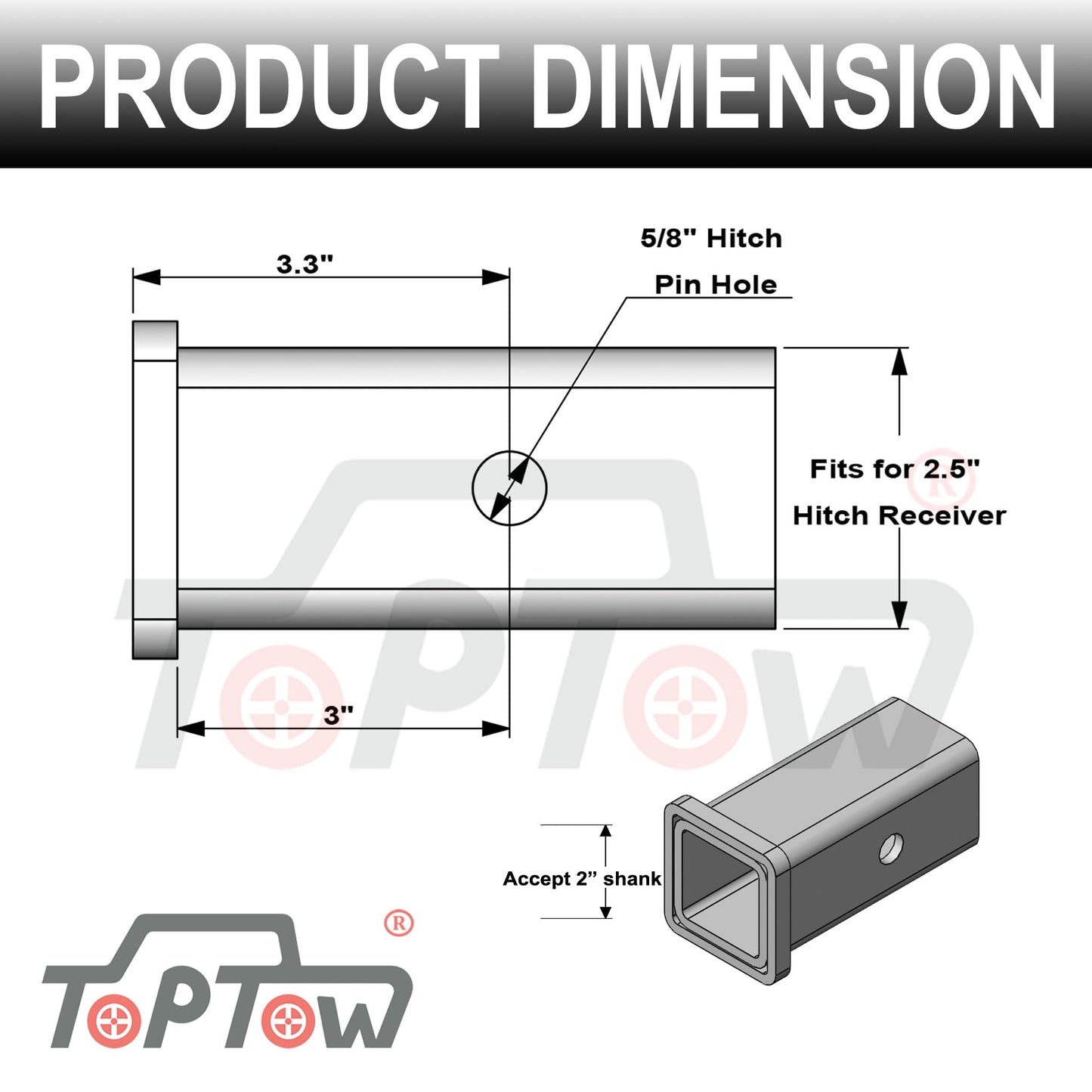 TOPTOW 64028HP Trailer Hitch Adapter 2-1/2" to 2" Hitch Reducer Sleeve Carbon Steel, 5/8 inch Pin & Clip Included