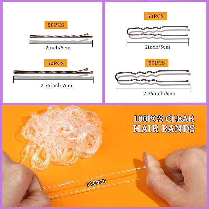 Teenitor 300pcs Bobby Pins Hair Pins Kit, 100 Hair Pin for Women 100 Bobby Pins Brown and 100 Hair Bands, Hair Pins for Buns 2inch 2.36inch 2.75inch
