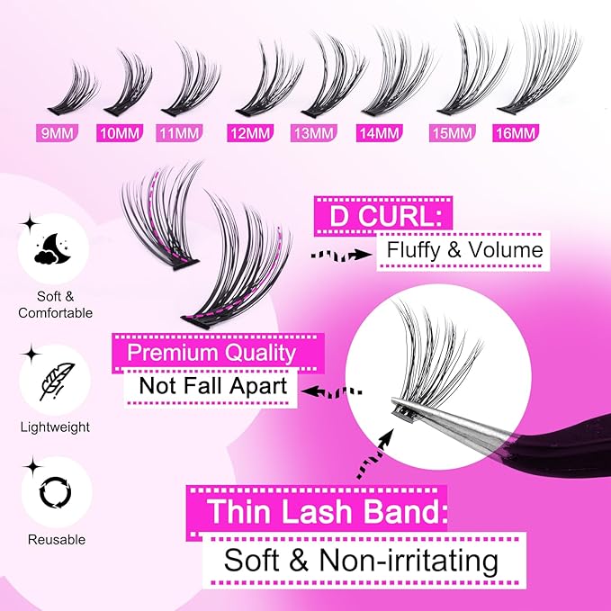 Individual Lashes 320pcs Lash Clusters 40D 9-16mm Mix DIY Lash Extension D Curly Eyelash Clusters Eyelash Extension Wispy Cluster Lashes DIY for Self Application by Yawamica (40D-0.07D, 9-16mix)