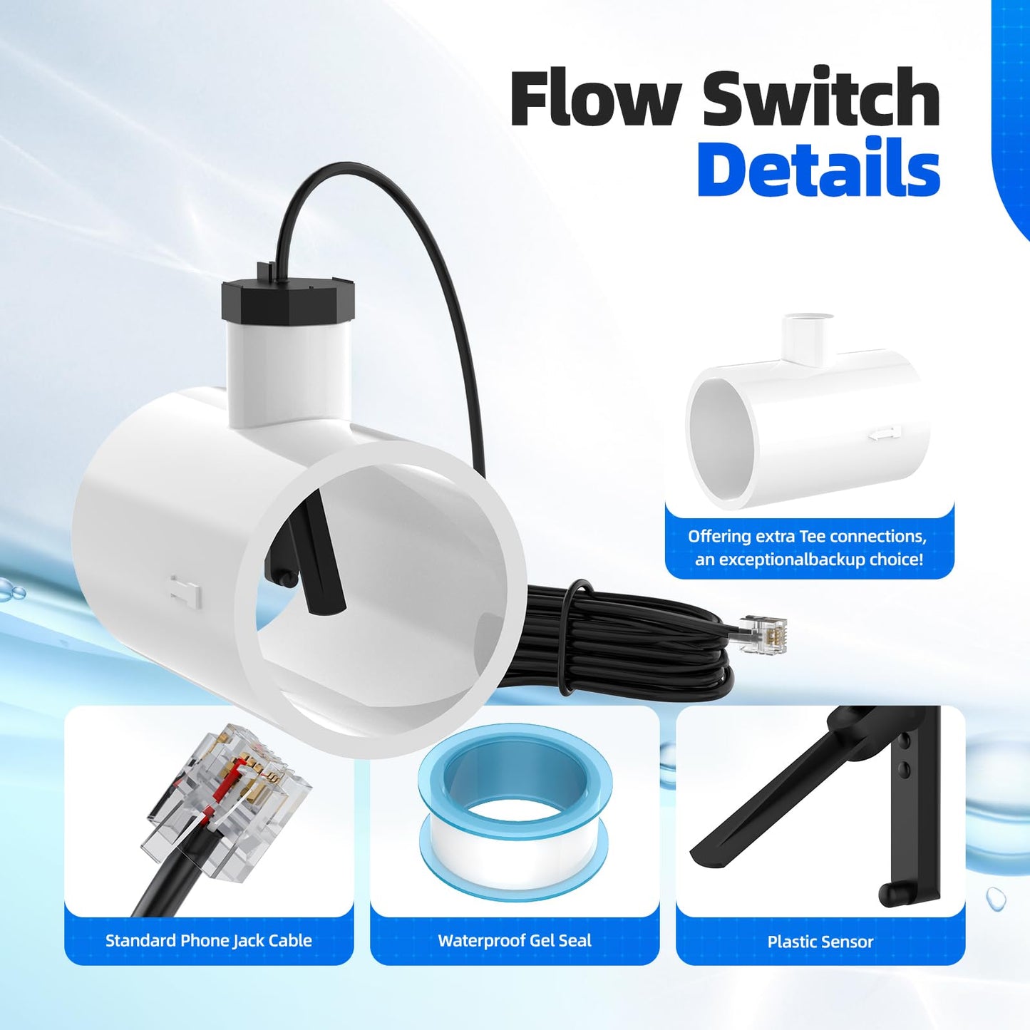 Hoodutric Flow Switch, GLX-FLO-RP for Hayward Goldline Aquarite Salt System Pool Flow Sensor Suitable Aqua Rite Swimming Pool Salt Cell System Assembly with Tee and 15ft Cable