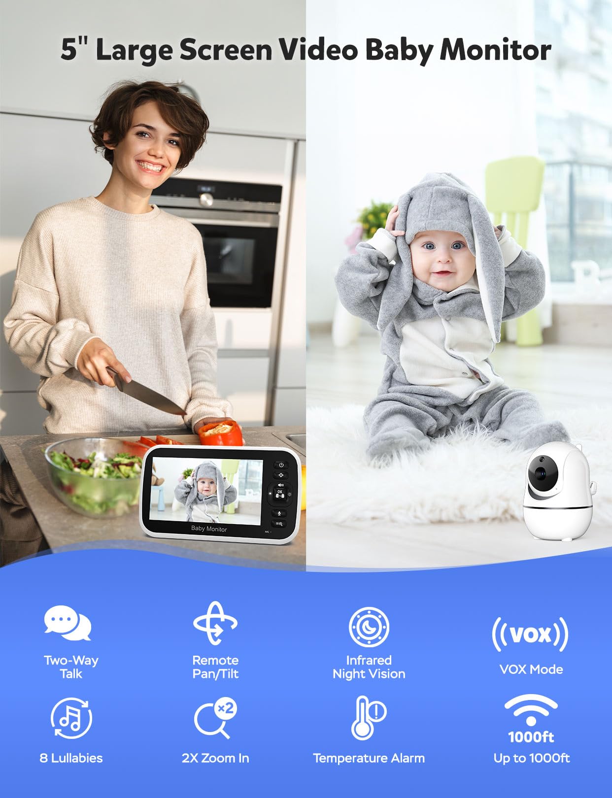 GoodBaby 5" Baby Monitor with Camera and Audio, No WiFi Secure Camera, 30-Hour Battery, Remote PTZ, Auto Night Vision, Room Temperature, Two-Way Audio，Lullabies，960 ft Range