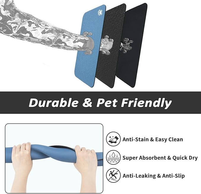Dog Food Mat - Absorbent Cat Mat for Food and Water, No Stains Pet Feeding Bowl Mat, Easy to Clean Pet Placemats, Quick Dry Dog Water Dispenser Mat for Messy Drinkers | Paw Blue 18"x34"