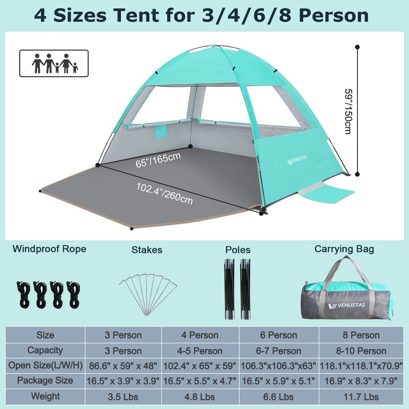 Venustas Beach Tent Sun Shelter for 3/4/6/8 Person, UPF 50+ UV Protection Beach Canopy, Lightweight and Easy Setup Cabana, Portable Beach Shade Tent