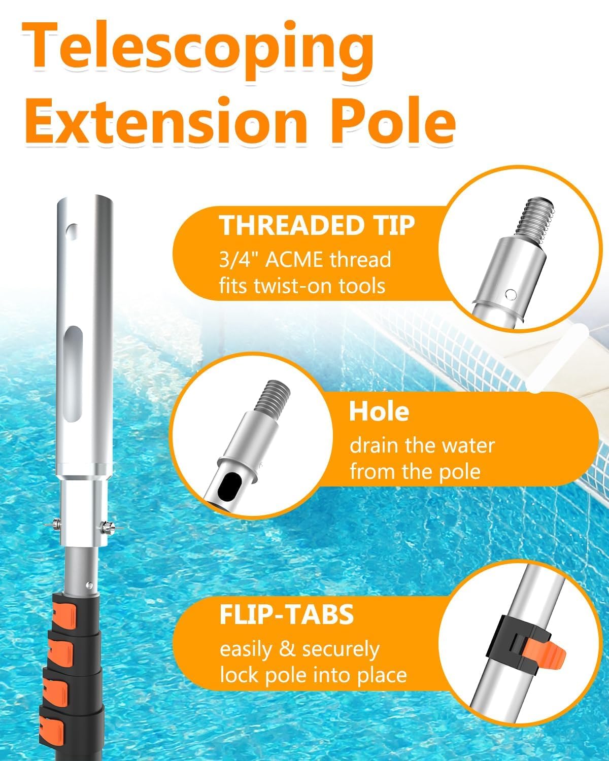 Buyplus Pool Pole - Upgraded 16 Foot Telescopic Extendable Swimming Pool Pole with 4-16FT Aluminium Heavy Duty Extension Pole for Skimmer Nets, Rakes, Brushes and Vacuum Heads, Universal 1.25", Orange