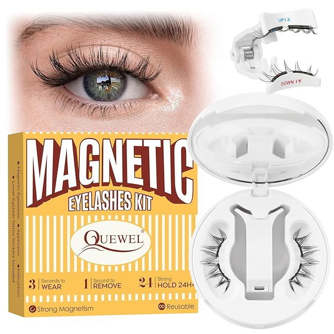 QUEWEL Magnetic-Eyelashes with Applicator, Upgrade 1 Pair Soft Magnetic Lashes, No Glue Needed Reusable Magnetic Eyelashes So Soft and Suitable for Beginners (Soft-Magnetic-A)