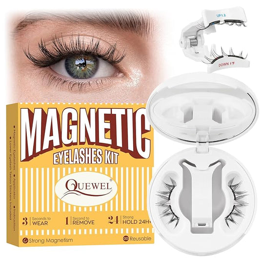 QUEWEL Magnetic-Eyelashes with Applicator, Upgrade 1 Pair Soft Magnetic Lashes, No Glue Needed Reusable Magnetic Eyelashes So Soft and Suitable for Beginners (Soft-Magnetic-A)