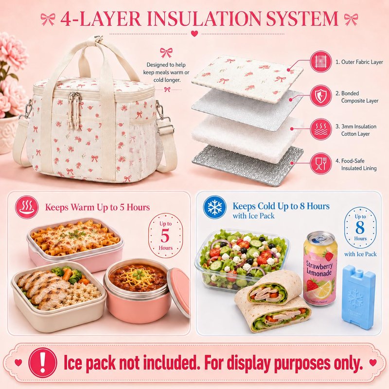BTOOP Insulated Lunch Box for Women, Cute Leakproof Lunch Tote, Large Capacity Aesthetic Lunch Bag Girls with Shoulder Strap for Work, School, Picnic Pink Bow Floral