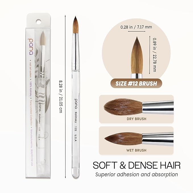 PANA Pure Kolinsky Hair Nail Brush - Round Clear Acrylic Handle (Size 12) - Nail Brush for Nail Application, Nail Extension, Manicure Pedicure Salon Beginner and Professional