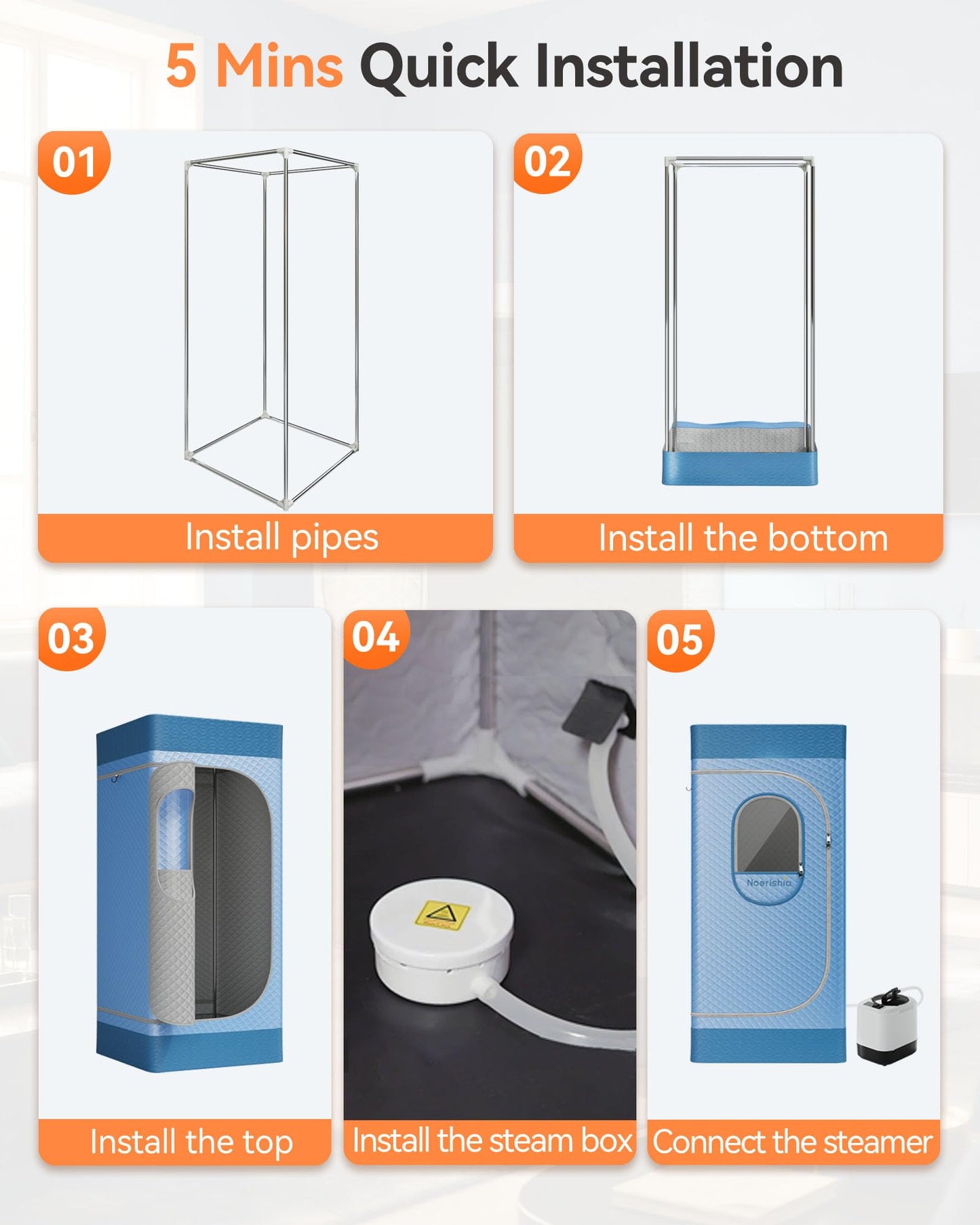 noerishia Portable Sauna for Home with 3L 1200W Steamer, Big Folding Chair, 99 Mins Timer, 9 Levels, Pernoanl Steam Sauna Tent Dual YKK Zippers for Home Spa Detoxification, 32' x32' x 71', Light Blue