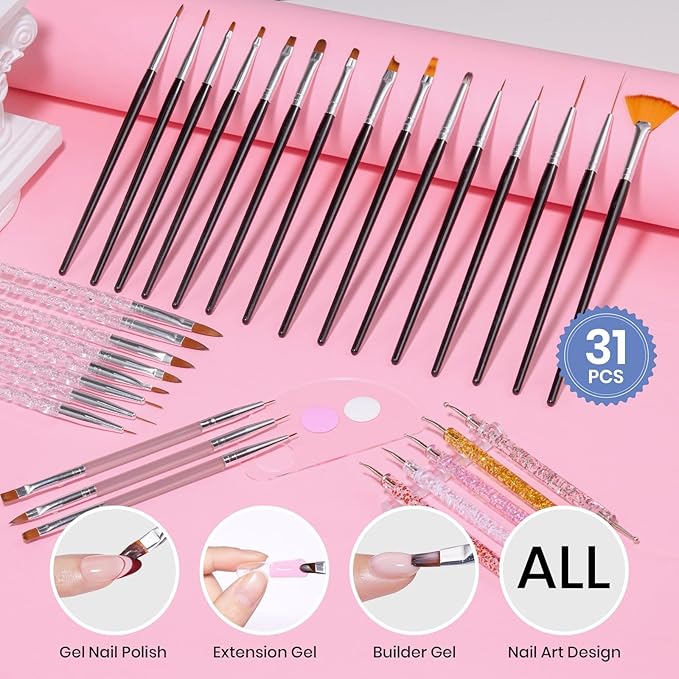 Beetles 31pcs Nail Art Brushes, Dotting Tools, Nail Art Pens, Dust Brush, Striping Liner Fingernail Drawing Pens with Palette Holder All in One for Starter Manicure Design Set