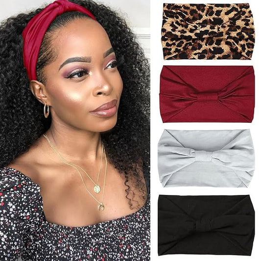 Kachanaa 4 Pack Wide Headbands for Women Elastic Knotted Yoga Sport Workout Headbands Turban African Head Wraps Hair Accessories(Stylish)
