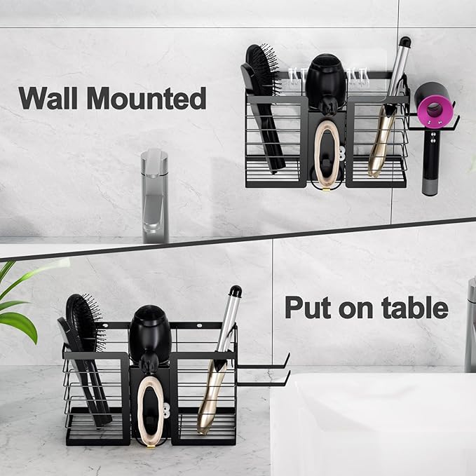 FUNKYLEE Hair Tool Organizer, 3 in 1 Metal Hair Dryer Holder Wall Mounted for Flat Iron, Curling Iron, Straightener, Styling Tools Bathroom Storage and Organizer (Black)