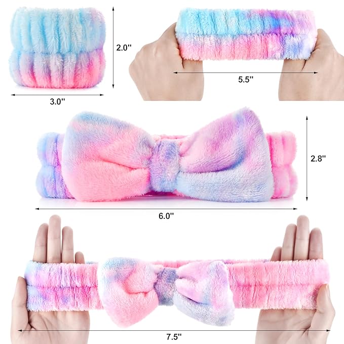 6PCS Spa Headband and Wristband Set for Face Washing, Soft Microfiber Skincare Hairband with Bow, Soft Absorbent Wrist Towels for Women Girls, For Makeup, Facial, Shower, Yoga