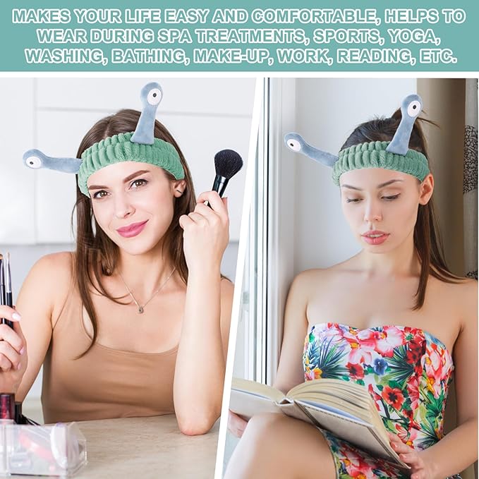 Face Wash Headband, Palm and Snail Spa Hair Bands Makeup Headbands Women Cartoon Cute Coral Fleece Elastic Headband Creative Hair Accessories for Washing Face Shower Sports (Blue and Green)