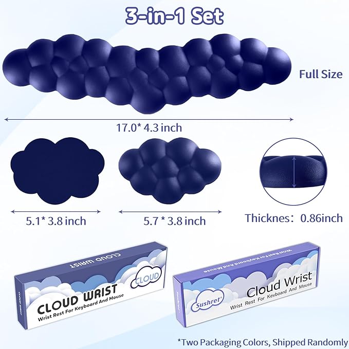 Sushret Cloud Wrist Rest for Keyboard and Mouse, Memory Foam PU Leather Keyboard Wrist Rest with Ergonomic Support, Non-Slip Base, Cute Arm Rest Pad & Palm Cushion, Office Desk Accessory, Dark Blue