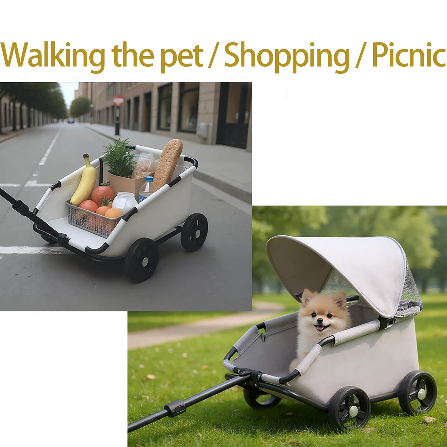 Luxury Pet Stroller, Gray, Foldable Design with Adjustable Canopy,Small Dog Wagon, for Small Dogs and Cats, with Extended Handle