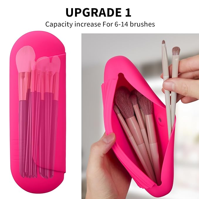 2 IN 1 Silicone Makeup Brush Holder with Beauty Make Up Sponge Holder Case：Soft Portable Cosmetic Face Brushes Holder with Upgrade Anti-Fall Out Magnetic Closure - Babbie Pink