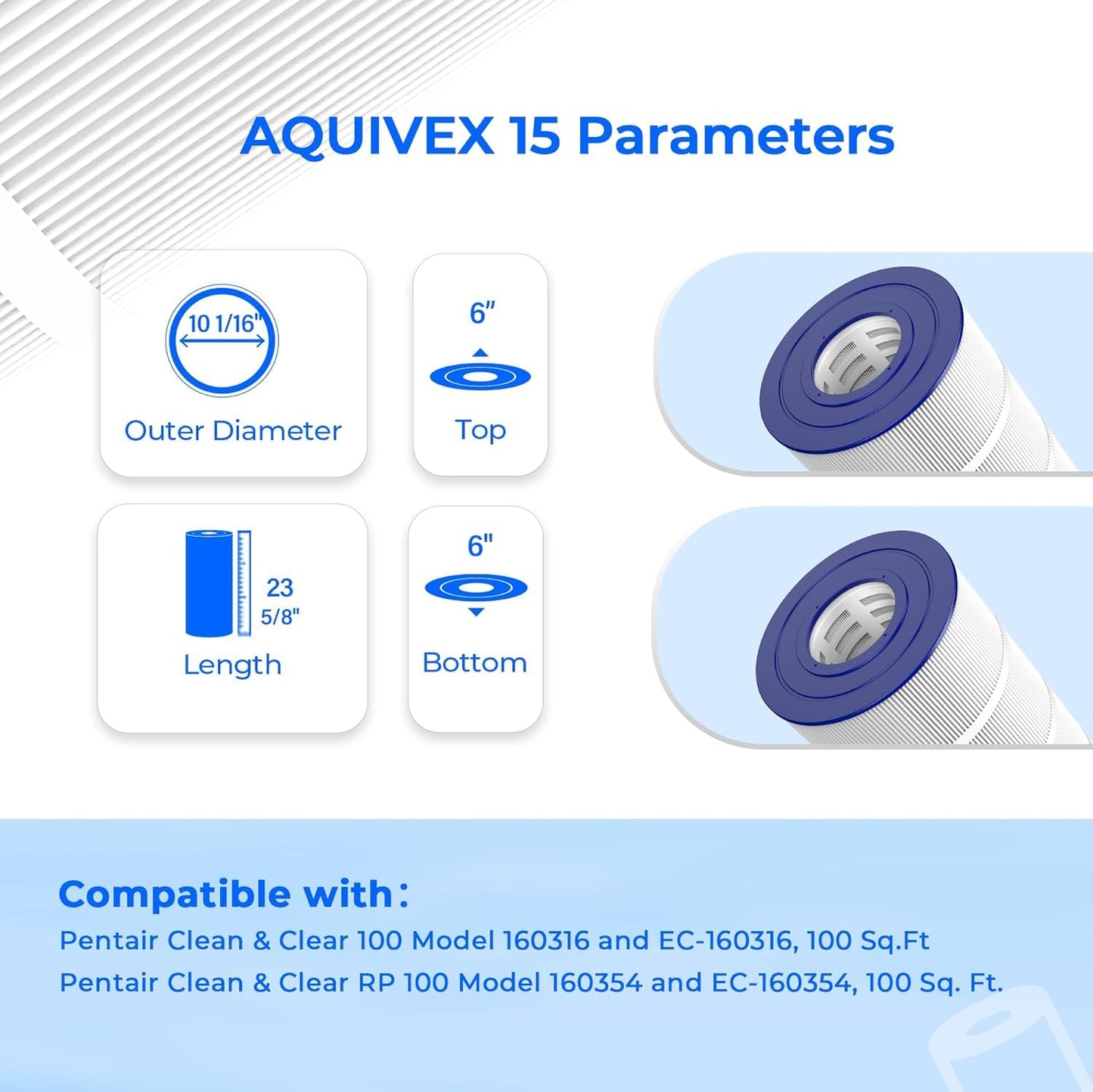 AQUIVEX CCRP100 Pool Filter Cartridge, Compatible with Pentair Clean & Clear 100, 160316, EC-160316, Pentair Clean and Clear RP 100, 160354, EC-160354, R173215, Pleatco PAP100, Unicel C-9410, 2 Pack
