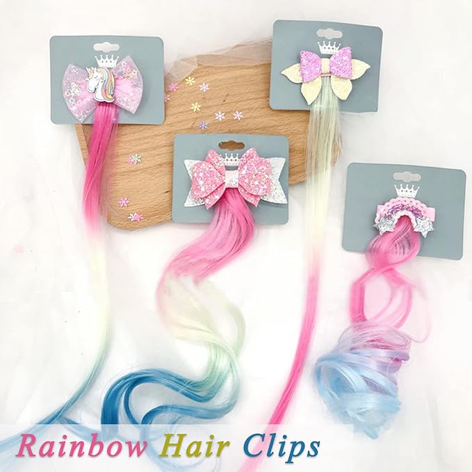 7 Pieces Hair Clips for Girls, Bow Curly Hair Extensions for Kids, Straight Little Girl Hair Clips Accessories for Ponytails Princess Dress-Up