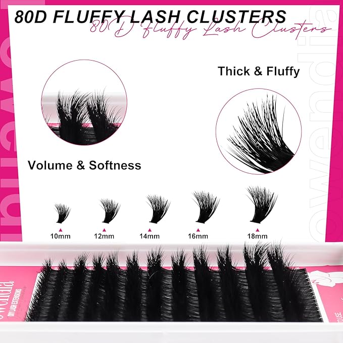 Fowendia Lash Clusters Kit Fluffy 80D Individual Lashes D Curl Cluster Eyelash Extensions 10-18mm DIY Lash Extension Kit Lash Bond and Seal Waterproof, Lash Applicator, Thick False Eyelashes Kit