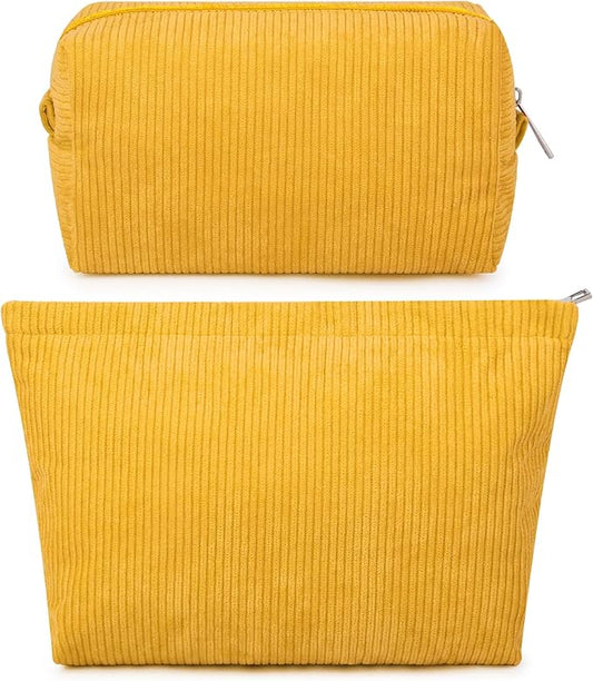 SOIDRAM 2 Pcs Corduroy Makeup Bag Large Cosmetic Bag Toiletry Bag Makeup Pouch Travel Bag Organizer Cute Makeup Brushes Aesthetic Accessories Storage Bag for Women Mustard Yellow