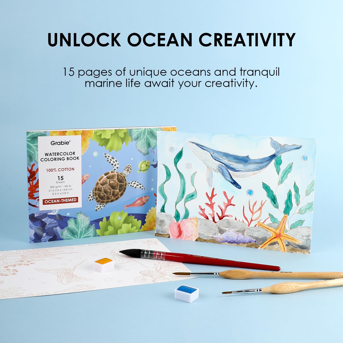 Grabie Watercolor Coloring Book, 15 Sheets A5 (8.3 x 5.8),Watercolor Book for Adults: Ignite Your Artistic Expression on 100% Cotton Paper (Ocean)