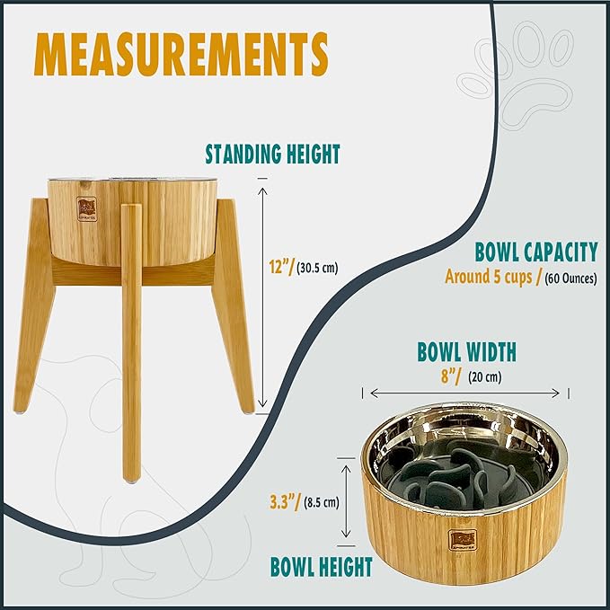 Elevated Dog Bowl with Slow Feeder Insert - (12-inch High) Ideal for Large Dogs - Suitable for Wet or Dry Dog Foods, Stainless Steel and Bamboo