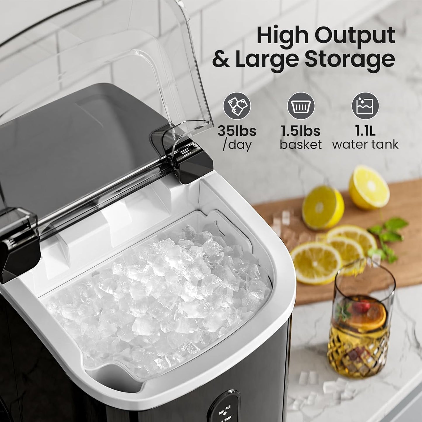 AGLUCKY Nugget Ice Makers Countertop with Handle, Portable Pebble Ice Machine with Soft Chewable Ice,Self-Cleaning,One-Click Operation for Home/Kitchen (Dark Black)