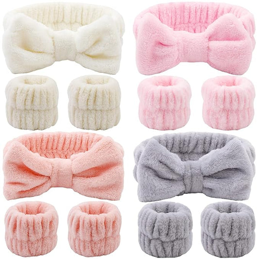 12PCS Microfiber Makeup Headbands and Wristbands Set for Women & Girls - Soft Elastic Bow Headbands with Highly Absorbent Wristbands for Face Washing, Shower, Skincare & Gifts