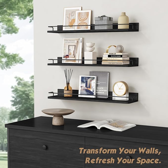 Forbena 24 Inch Wall Shelves for Bedroom 3-Pack, Black Floating Shelves with Rail, Vintage Large Floating Book Shelves for Bathroom Kitchen Living Room Office Decor Kids Room Legos Display (Black)