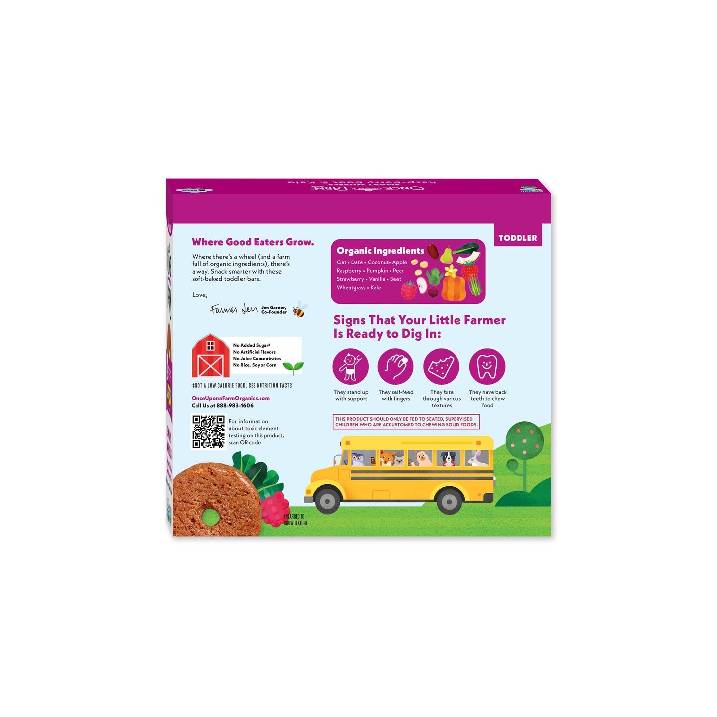 Once Upon A Farm Organic Toddler Soft Baked Bar, Rasp-Berry, Beet and Kale, Smart Wheels Shaped, Non GMO, Kosher, 3.35 Ounces (Pack of 8)