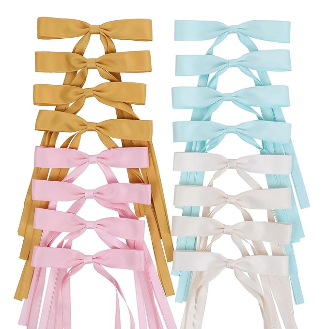 Hair Bows Clips Coquette Ribbon Bowknot with Long Tail Princess Hair Bows French Barrettes Hair Accessories for Women Girls 16PCS (Pink, Yellow, Cream, Aquamarine)