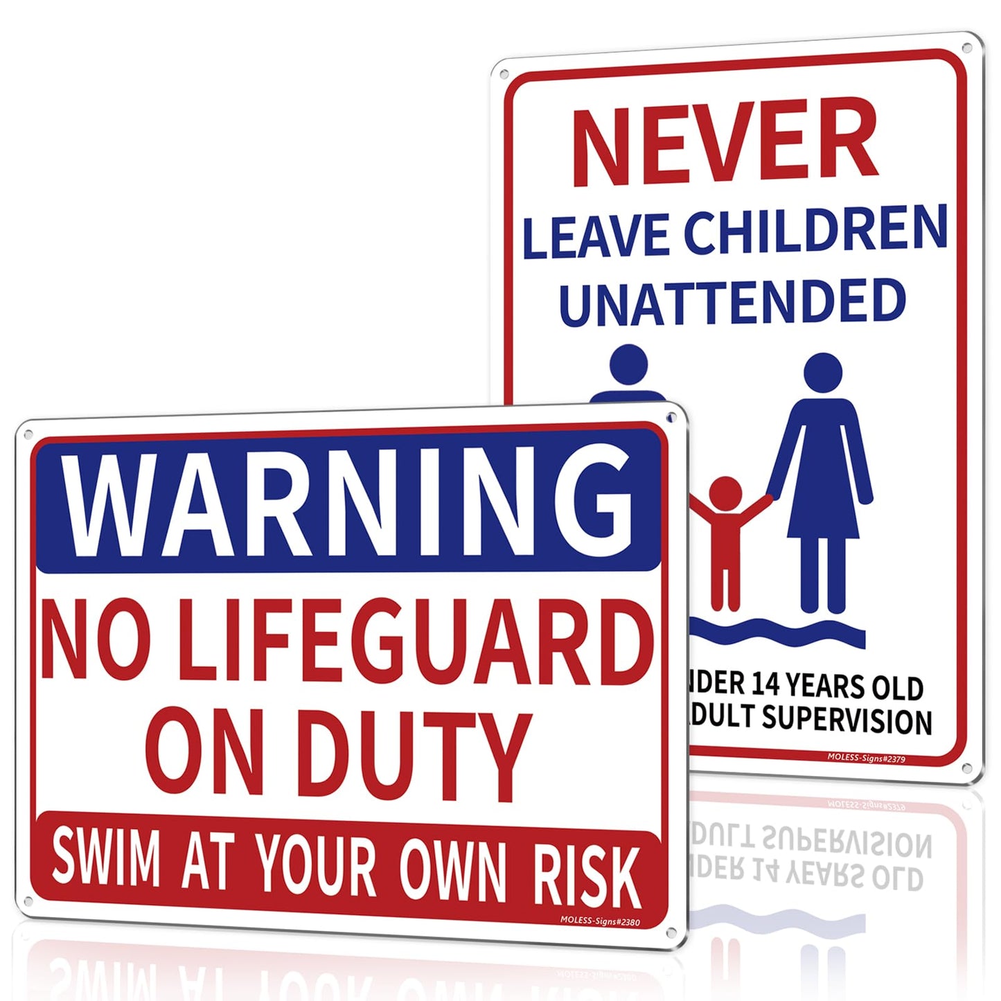MOLESS 2 Pack Pool Safety Signs Bundle – 14x10 Inch Pool Signs for Outside Outdoor Decor, No Lifeguard on Duty & Child Supervision, Durable 0.040 Aluminum Weatherproof, Easy to Mount, PSP-2302