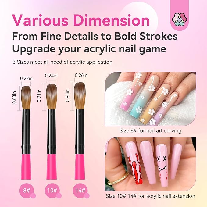 SAVILAND Acrylic Nail Brushes Set: Sizes 8, 10, 14 Nail Brushes for Professional Acrylic Powder Applications, Nails Extension, 3D Carving for Home Salon DIY Nail Art Brush Manicure Acrylics Tools Pink