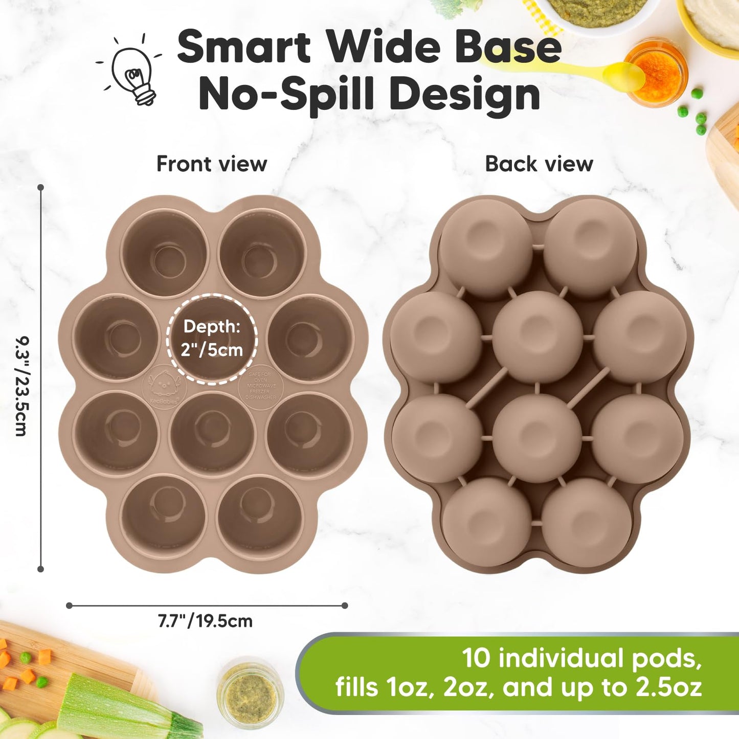 KeaBabies Silicone Food Freezer Trays with Lid, 2oz x 10 Pods Baby Food Storage Containers, Easy Puree Meal Prep, Breast Milk Silicone Freezer Molds, Dishwasher, Microwave Safe, BPA-Free (Chai Latte)
