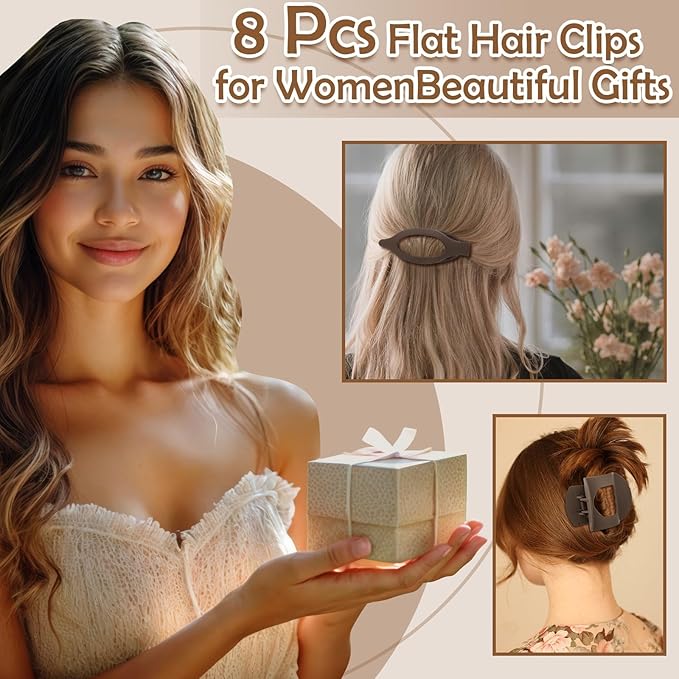 8 Pcs French Flat Hair Clips for Women, 2 Styles Large Matte No Slip Strong Hold Flat Claw Clips for Thick Thin Hair (Neutral Color)