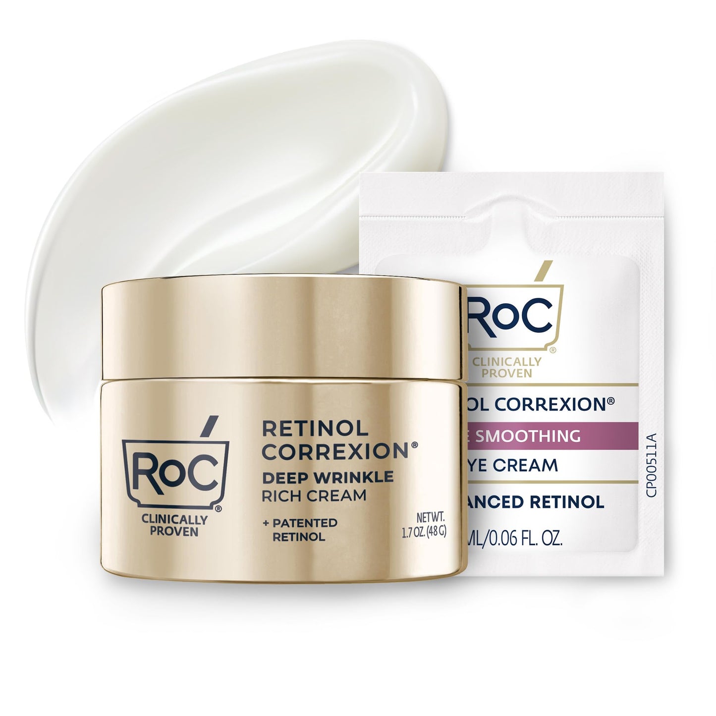 RoC Deep Wrinkle Rich Cream, Fragrance Free, Daily Anti-Aging Firming Cream For Persistent Dryness & Younger-Looking Skin For Women & Men, With Line Smoothing Eye Cream Packette, 1.7oz