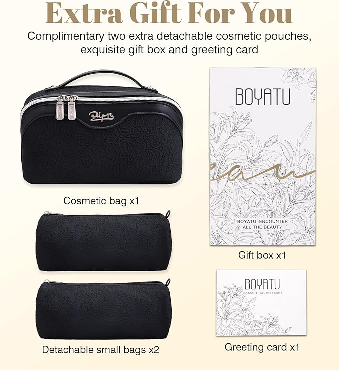 BOYATU Travel Makeup Bags Cosmetic Organizer Bag: 3-Set Large Capacity Make up Bag - PU Leather Toiletry Bags for Women - Wide Open Portable Pouch with Divider & Handle (A-Black)