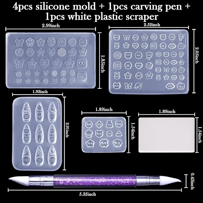 Laza 4pcs Button Silicone Nail Art Molds, 3D Multiple Shapes Embossed Button Nail Charms Nails Accessories with Carving Pen Resin Nail Art Mold Manicure Tools for Manicures Design