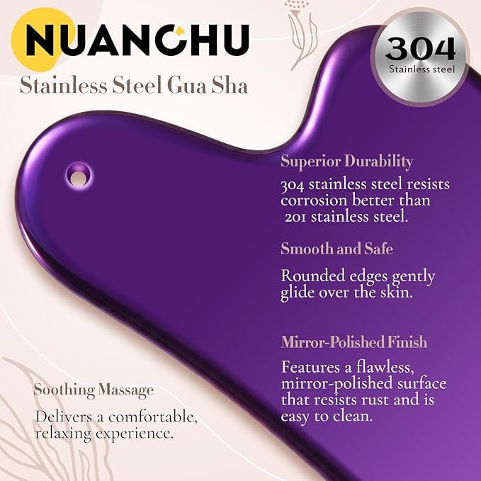Nuanchu Stainless Steel Gua Sha Facial Tools Metal Guasha Tool for Face Body Jawline Shaper, Double Chin Reducer, Puffiness Reducing, Lymphatic Drainage Massager Skin Care Gift with Pouch(Purple)