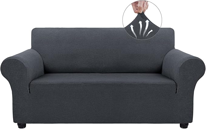 Asnomy Sofa Covers for 2 Cushion Couch Stretch loveseat Covers Slipcovers, Pet Protector Furniture Covers for Dogs Cats Spandex Jacquard Fabric Small Checks （Medium，Charcoal Ash）