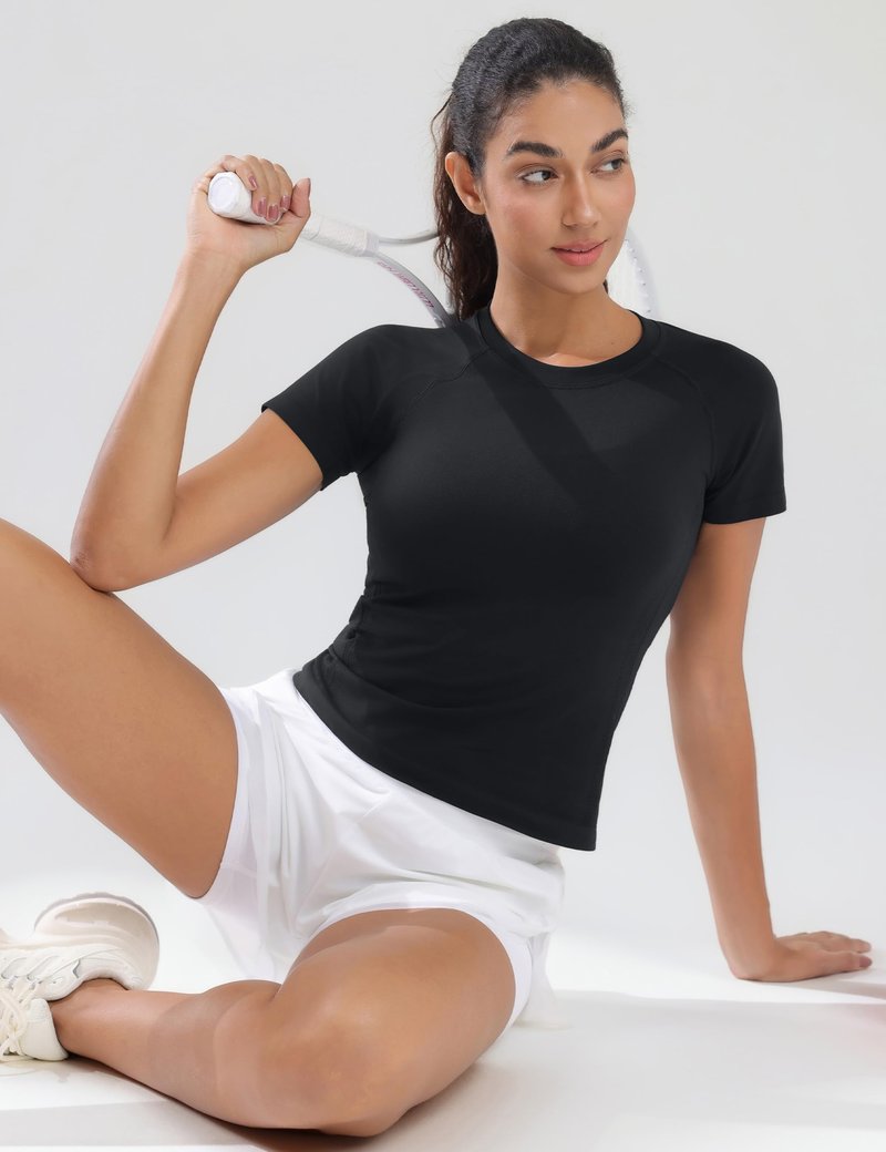 Nyvalle Workout Tops for Women Hip Length Athletic Running Gym Yoga Short Sleeve Shirts Seamless Breathable Crewneck Tees Black
