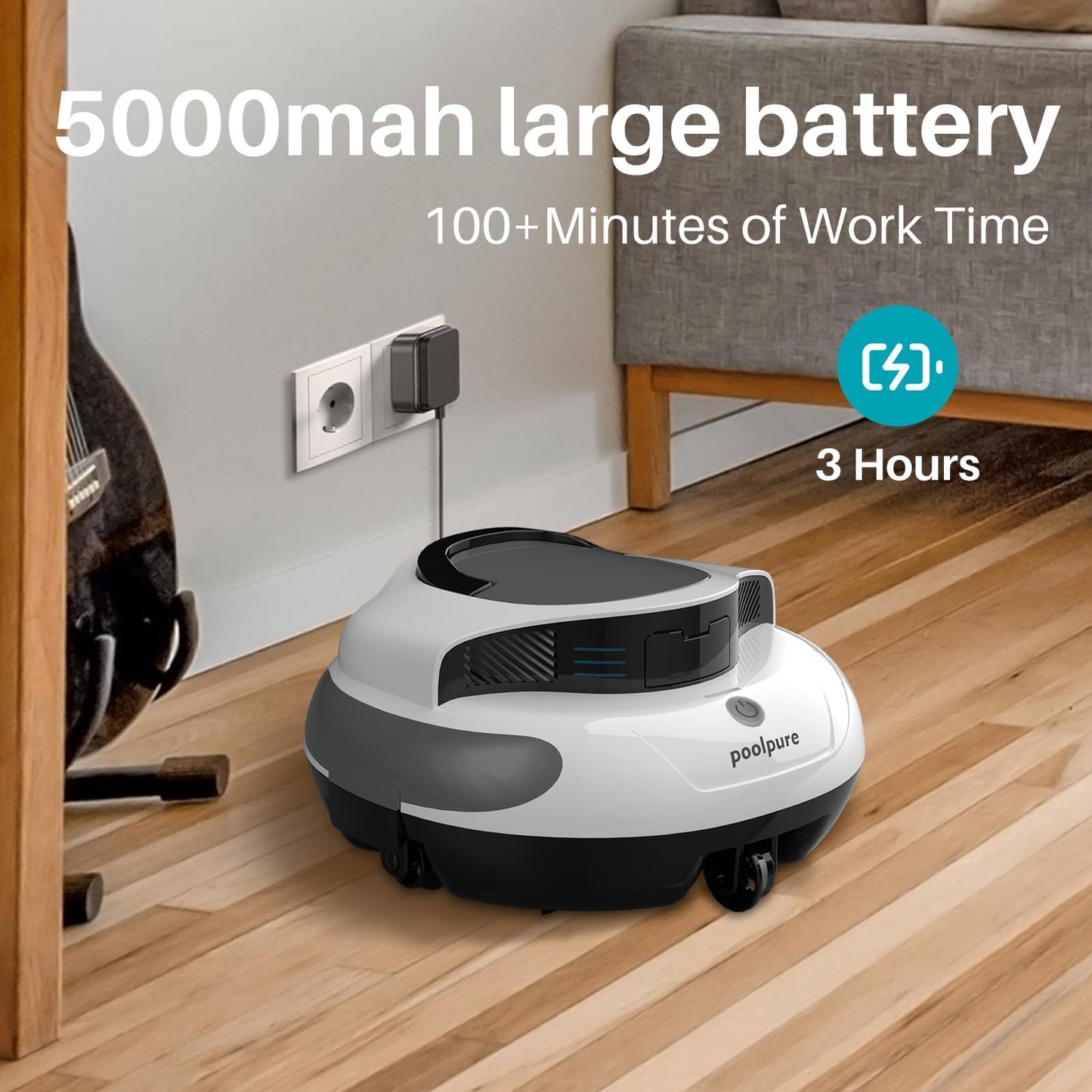 POOLPURE AquaGuard SE II Cordless Pool Vacuum, Dual Motor, 5000mAh Battery, 120 Minutes Runtime, Blue, 1000 Sq Ft Coverage, Automatic