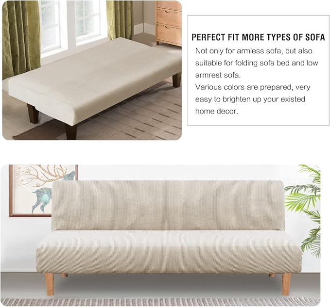 Armless Futon Cover Stretch Sofa Bed Slipcover Protector Elastic Feature Rich Textured High Spandex Small Checks Jacquard Fabric Futon Cover, Machine Washable, Island Fossi
